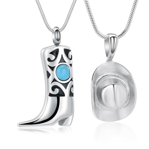 Hearbeingt 2 Pack Urn Necklaces for Ashes Stainless Steel Cowboy Boot & Hat Cremation Urn Necklace for Women Men Memorial Keepsake Necklace of Loved One