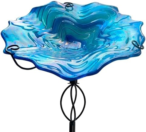 HONGLAND Bird Baths for Outside,12 Inch Small Blue Glass Birdbaths Outdoor,Detachable Bird Feeder with Metal Stake for Garden Yard Patio Decor,32