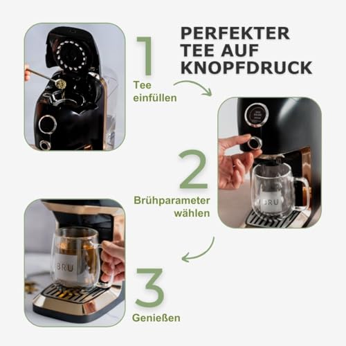 BRU Tee Automat für losen Tee & Kräuter & Teebeutel, OHNE Kapseln, Heißwasserspender & Teemaschine in einem, Tee & filtriertes Wasser auf Knopfdruck, automatisches Reinigungssystem (Schwarz/Chrome)