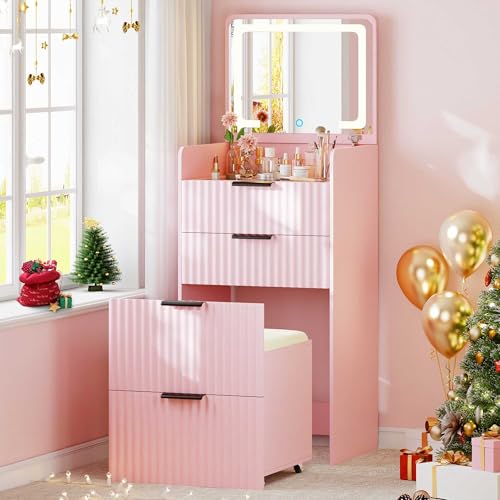 Gurexl 3 in 1 Wellen Schminktisch mit Stühle und LED Klappspiegel,Rosa