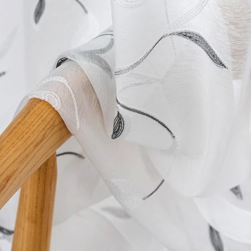 VISIONTEX Sheer Voile Curtains, Decorative Grey Leaves Embroidery Faux Linen Rod Pocket Window Drapes for Home Kitchen, Living Room and Bedroom 54 x 54 Inch, Set of 2 Curtain Panels by VISIONTEX - Image 3