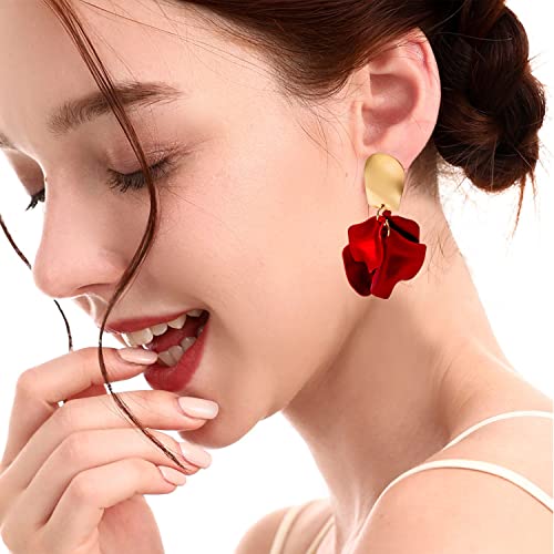 Chic Elegant Boho Red Rose Petal Dangle Resin Acrylic Tiered Matte Flower Earrings Statement Exaggerated Floral Tassel Earrings for Women2