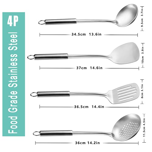 Pleafind 4-Pcs Cooking Utensils Set, Stainless Steel Kitchen Utensils, Wok Utensils Set Include Wok Ladle, Slotted Spoon, Wok Spatula and Slotted Spatula, Dishwasher Safe - Thumbnail 2
