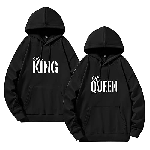 WASJMCSS Her King&His Queen Hoodie King Queen Pullover Coppia Felpa con Cappuccio per Natale Regali per Fidanzato Fidanzata,1 Pièce,Queen2-Black-L