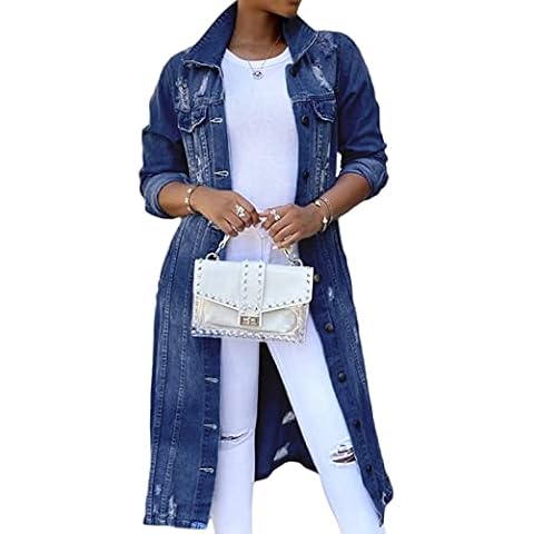 Women's Distressed Jean Jacket Ripped Hole Over Knee Midi Long Denim Jacket Button Down Maxi Trench Coat Outwear (Dark Blue,Medium) Cover