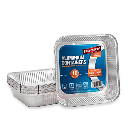 Caterserve 10 Aluminium Foil Trays with Lids - Large Tin Foil Containers with Paper Lids for Roasting, Baking, Broiling, Cooking, Food Storage and Freezing | 9 x 9 inch Square