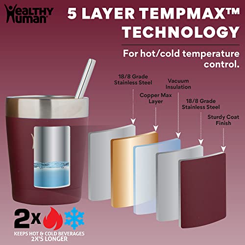Healthy Human Stainless Steel Tumbler with Straw | Splash Proof Insulated Travel Cruiser Cup | Eco-Friendly Coffee Tumblers with Straws Cleaner & Splash Proof Lid (12oz, Merlot) - Thumbnail 3