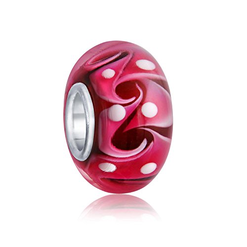 Bling Jewelry Murano Glass Shades Of Pink Red Wave Swirl Spacer Charm Bead Fits European Bracelet For Women Teen .925 Sterling Silver Core