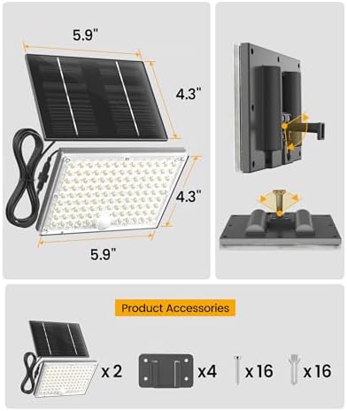 SUPERDANNY Solar Outside Lights with 113 Bright LEDs 7000K, Motion Sensor Outdoor Flood Lights Dusk to Dawn with 16ft Cable IP65 Waterproof, Security Light for Garden Barn Porch 2 Pack