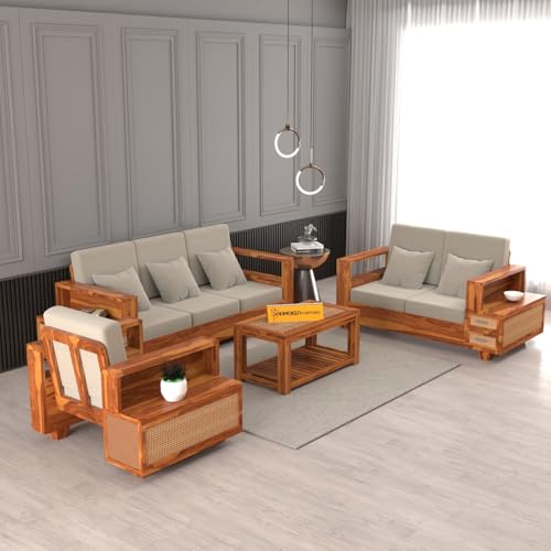 Image of Sheesham Wood 6 Seater Sofa Set with 2 Drawer Storage | 3+2+1 Wooden Sofa Set Furniture for Living Room Home Office (Natural Cane,Honey Finish)