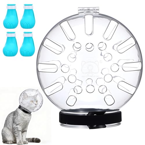 Cat Muzzle for Grooming Adjustable Hood with Paw Covers, Breathable Cats Helmet Anti Bite Muzzles Anti Scratch Boots Silicone Kitten Bubble Muzzle and Paw Protector for Pet Bathing Cat Claw Care