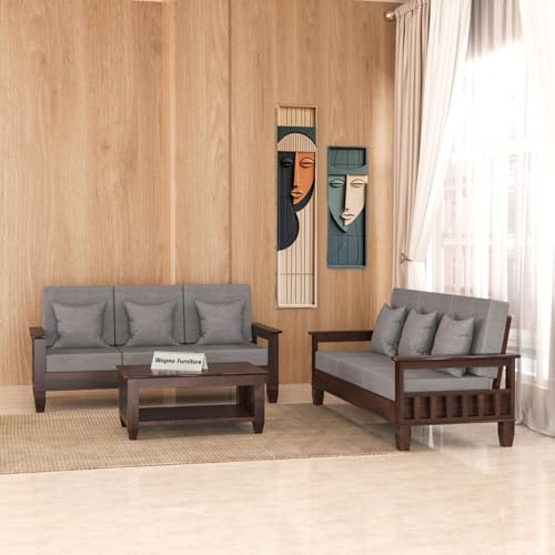 Image of Sheesham Wooden 6 Seater Sofa Set for Living Room | Rosewood Cushion Sofa with Side Newspaper Holder for Home & Office | Solid Wood Sofa Set for Lounge (Walnut, 3+3 Seater)