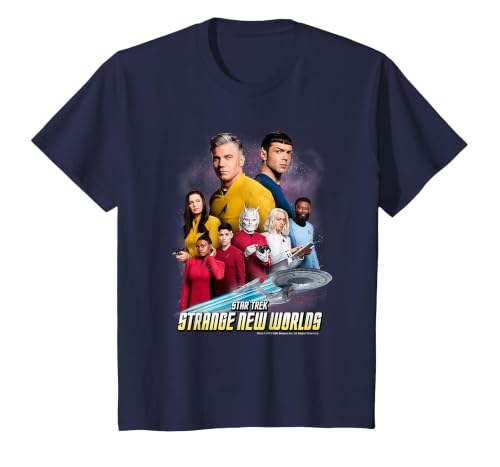 Star Trek Strange New Worlds Crew Pike Spock Uhura Ortegas T-Shirt, Youth, Navy Blue, Small