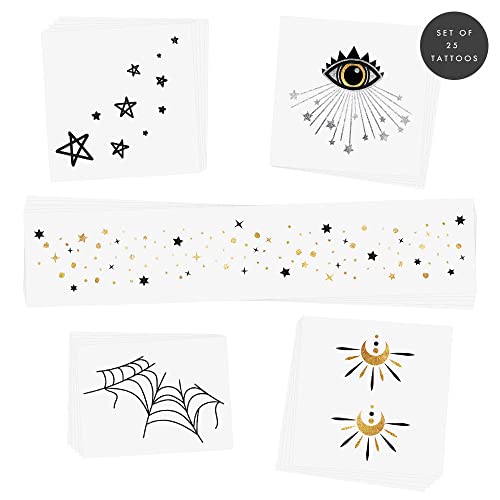 Resting Witch Face Variety Set Of 25 Assorted Halloween-Inspired Premium Waterproof Metallic Gold & Silver Jewelry Temporary Foil Face Flash Tattoos, Face Sparkle, Face Glitter, Metallic Tattoo, Eye Jewel, Face Freckles #TOP4
