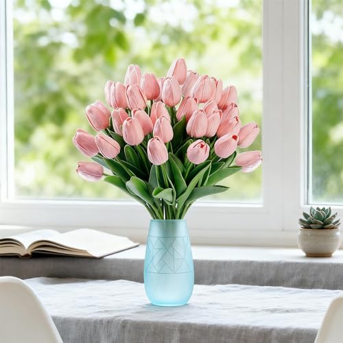 SHUERIET Pink Artificial Tulips Real Touch Fake Flowers, 20 Pcs PU Faux Tulips 13.5", Realistic Tulip Bouquet for Wedding Centerpiece Spring Home Kitchen Dining Table Vase Decoration Easter Floral by SHUERIET - Used condition - Image 4