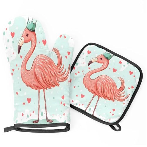 Watercolor Flamingo Love Oven Mitts Kitchen Oven Gloves for Cooking Baking Heat Proof Lining Cotton Kitchen Potholder Mittens Pot Holders Hot Pads for Chef Women Men
