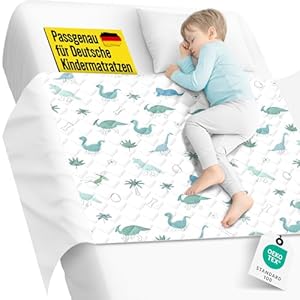 SpielLieb® Bettunterlage wasserdicht Kinder | Atmungsaktive Inkontinenzunterlage waschbar mit Einschlagtuch | Oeko-TEX Zertifiziert | Perfekt passend für deutsche Einzel- & Kinderbetten (Dino)