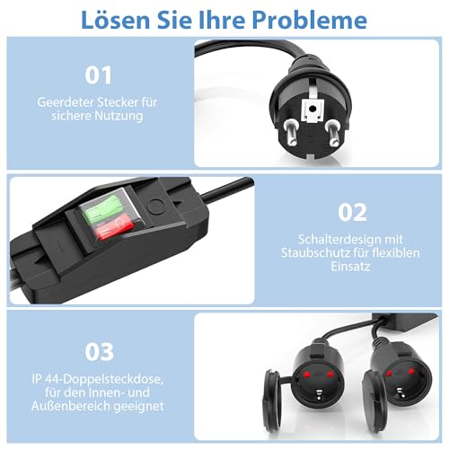 Verlängerungskabel Außen mit 2 Schuko-Steckdosen: 2M Verlängerungskabel mit Schalter Doppel-Verlängerung Doppelstecker Steckdose für Outdoor Zuhause Büro 250V/16A