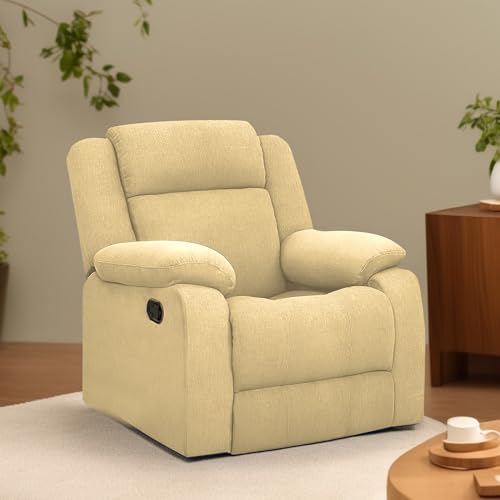 Image of Kayro Comfy Fabric | 1 Seater Recliner Sofa, Premium Fabric Upholstery, Soft Padded Body with Comfortable Cushions, Manual Recliner Chair for Living Room & Home Relaxation | Cream