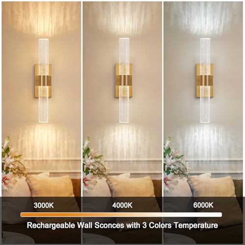 Image of Crystal Battery Operated Wall Sconce, Gold, Set of 2 | Wireless Rechargeable, Remote Control, 3000-6000K, 350 Rotate LED Dimmable, Cordless
