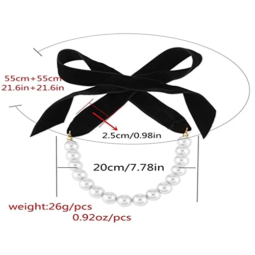 Zeshimb Faux Pearl Choker Necklace Black Long Wide Ribbon Bowknot Necklace Baroque Pearl Beaded Necklace Vintage Simulated Pearl Bow Tie Collar Necklace Jewelry For Women Girls #TOP5