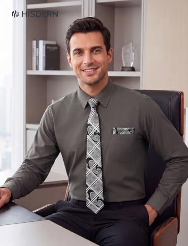 Image of HISDERN Mens Dress Shirt with Tie Pocket Square Set Classic Button Down Shirt Matching Tie Long Sleeve Shirts