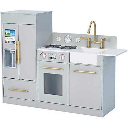 Teamson Kids Little Chef Charlotte Modern Modular Interactive Wooden Play Kitchen with Refrigerator, Stove and Sink in Gray with Gold Accents