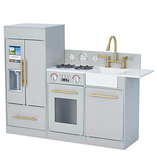 Teamson Kids Little Chef Charlotte Modern Modular Interactive Wooden Play Kitchen with Refrigerator, Stove and Sink in Gray with Gold Accents by Teamson Kids - Used condition - US$87.99