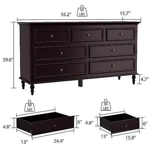 Ecacad Modern Storage Double Dresser With 7 Drawers, Wood Dresser Chest Of Drawers With Bronze Handles For Bedroom, Living Room, Espresso (55.2”W X 15.7”D X 29.6”H) #TOP1