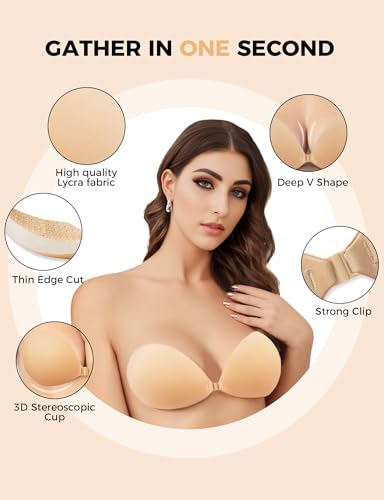 candyfouse Sticky Strapless Bra, Reusable Push Up Bra, Adhesive Bras for Women,Invisible Backless Bras with Nipple Covers Nude3