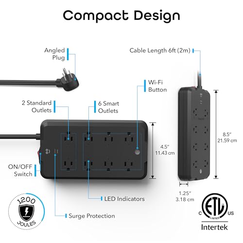 Image of Geeni Surge Ultra Smart 8-Outlet Surge Protector, No Hub, 6 ft. Cord, Black | 6 smart outlets, 2 always-on outlets, Wi-Fi & voice control, 1200 joules protection