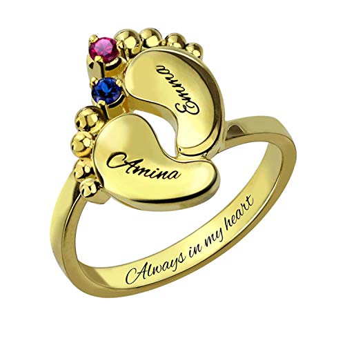 Getname Necklace Womens Pesonalized Name Rings Custom Engraved Baby Feet with 2 Birthstone 2 Name Ring for Mom Gold Plated 12
