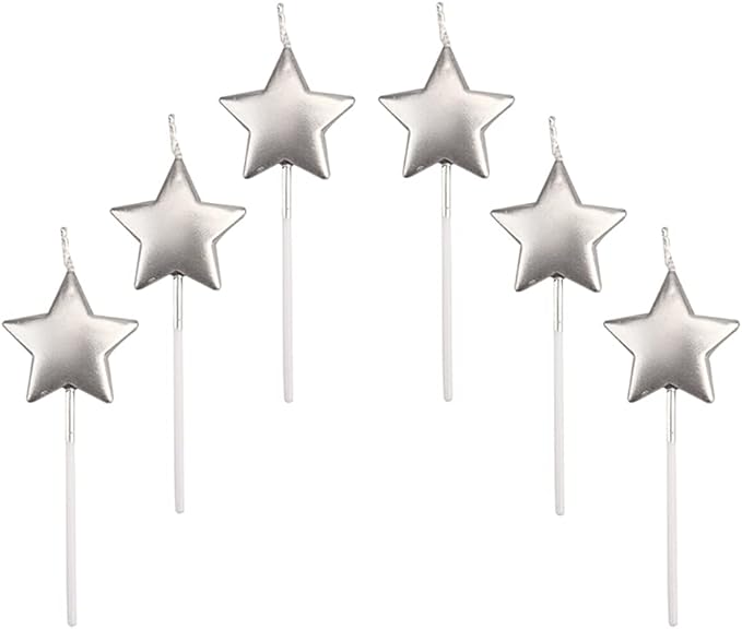 Velas de Cumpleaños en Forma Estrella,6 Pcs Velas únicas para Decorar Pastel de Fiesta di Cumpleaños y Bodas,Velas Decorativas para Decoración un Tarta,Plateado