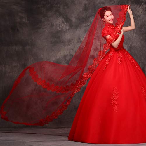 Velo de novia largo catedral rojo que no pesa de una capa y encaje 300cm 6