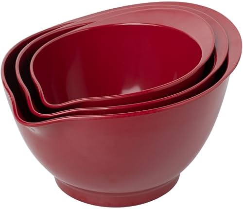 LEHAHA Set of 3 Melamine Mixing Bowls with Pour Spout, Non-Slip, BPA Free, Nesting large Serving Bowl with big handle for Prepping, Baking, Cooking, Kitchen Cooking and Baking Supplies, Burgundy Red - Thumbnail 2