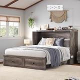 LUXOAK Full Murphy Bed Cabinet with Charging Station, Foldable Platform Bed Frame with Drawer, Space-Saving Guest Bed for Home Office or Small Spaces, Rustic Grey