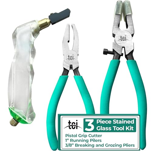 Professional Three Piece Stained Glass Tool Kit with Running Pliers, Breaking and Grozer Pliers and Pistol Grip Cutter with Carbide Cutting Head Perfect for Stained Glass and Mosaics
