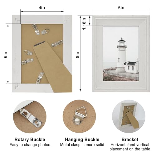 Image of iRahmen 4x6 Picture Frame Set of 4, Cream Rustic Retro Photo Frame with Real Glass, Wood Farmhouse Style 4 x 6 Picture Frames for Wall Mount and Tabletop Display