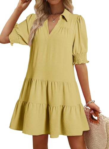 Image of Dokotoo Casual Dresses for Women Lapel Collared V Neck Mid Sleeved Pleated Summer Dresses for Women 2026 Midi Dresses