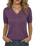 Totatuit Camiseta Mujer Manga Corta Cuello en V Jersey de Punto Ajustado Diseño Elegante Favorecedor Look Urbano Primavera Morado L