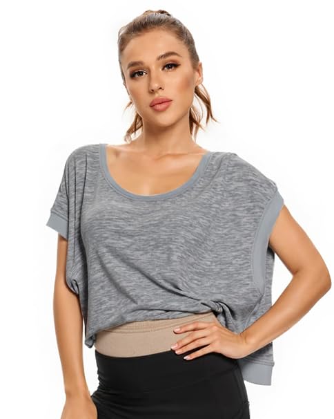 Oheyeseker Mujeres Espalda Abierta Entrenamiento Top De Manga Corta Sin Respaldo Atlético Camisetas Gimnasio Yoga Cosecha Correr Camisetas, gris luminoso (ral 7035), L