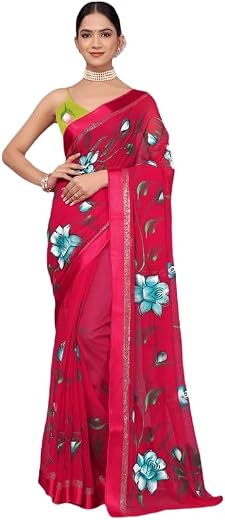 AVOJEE Women's Georgette saree - hand Printed floral work saree With silk Border and contrast Blouse pcs