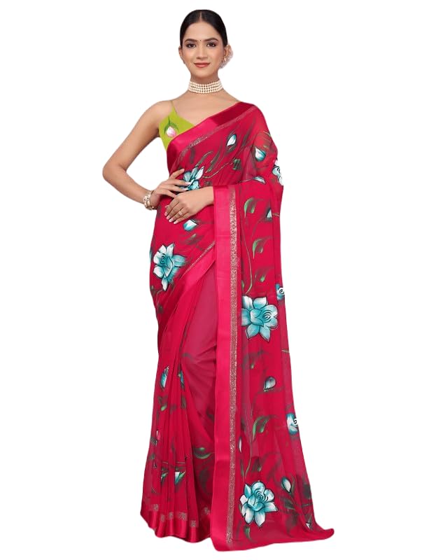 AVOJEE Women's Georgette saree - hand Printed floral work saree With silk Border and contrast Blouse pcs - Review, Price and Buying Guide