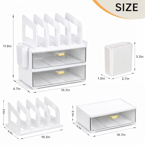 Image of CiWiVOKi Desk Organizer with 4 File Slots and 2 Drawers, White | Desktop organizer with dual pen holders for storing files, mail, notebooks and office supplies in home or office use