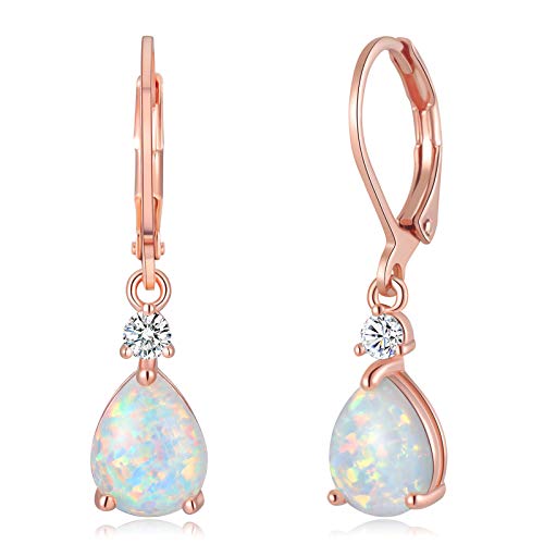 14K Gold Plated Teardrop Cut White Created-Opal Dangle Leverback Earrings ( Rose Gold Plated or White Gold Plated )