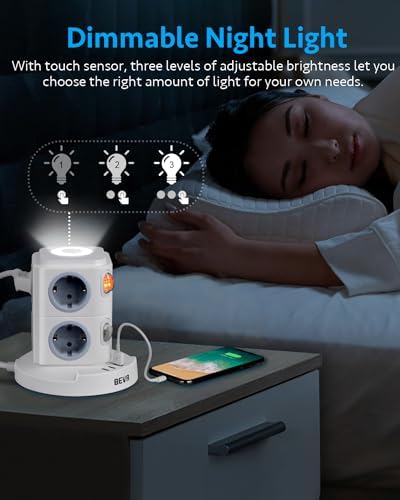 BEVA Tour Multiprise Surge Protector, pionowa listwa zasilająca z 8 gniazdami i 3 USB, listwa zasilająca z dwoma wyłącznikami, ochrona przed przeciążeniami i przepięciami 2m