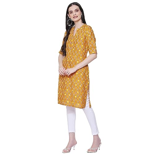 Image of Rangriti Mustard Liva Straight Printed Kurta for Women