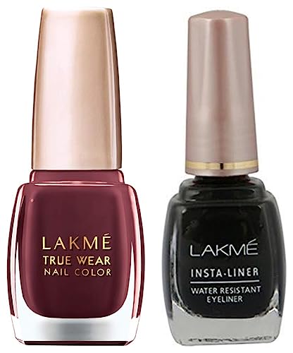 Image of LAKME Insta Eye Liner, Black, Water Resistant, Long-Lasting, 9 ml & Lakme True Wear Nail Color, Reds and Maroons 401, 9 ml Shimmery Finish