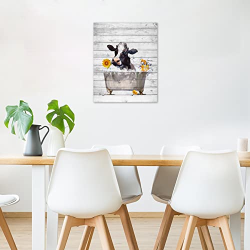 Hvest Farm Cow Wall Art Funny Farmhouse Cattle With Sunflower In Tub On Rustic Planks Canvas Abstract Painting Framed Modern Artwork Ready To Hanging For Bathroom Bedroom Living Room Decor,12X16 Inchs #TOP4