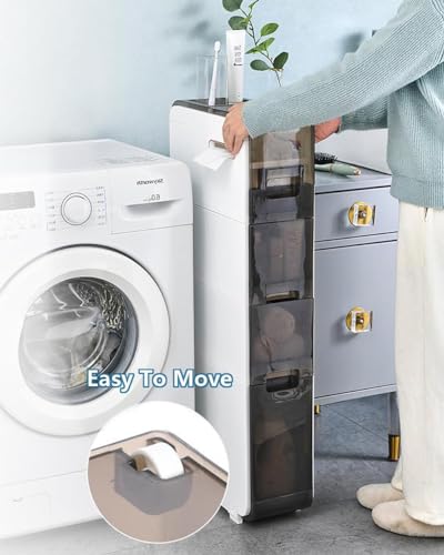 3-Tiers & 4-Tiers Narrow Bathroom Floor Storage Cabinet, Slim Bathroom Cabinet with Tissue Box and Wheels, Plastic Waterproof Movable Bathroom Storage Organizer for Small Spaces, Laundry, Toilet Gap